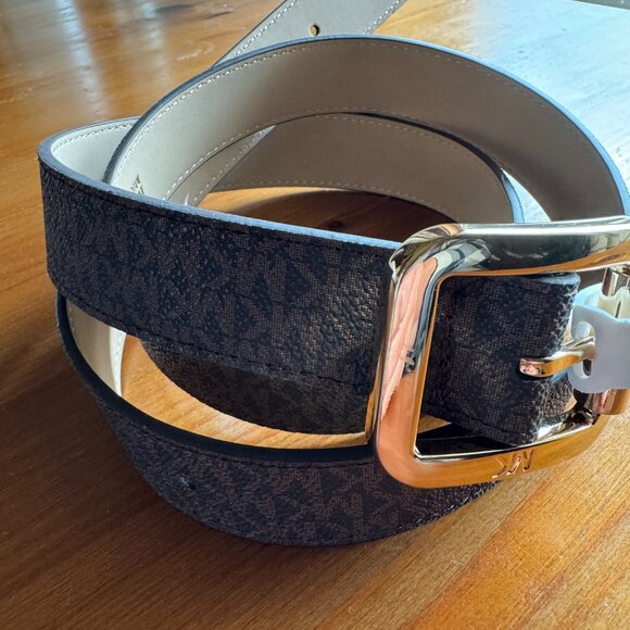 NWT MICHAEL KORS MK Brown/Tan Logo Belt with Goldtone Buckle Style 556267C in XL - Picture 11 of 11